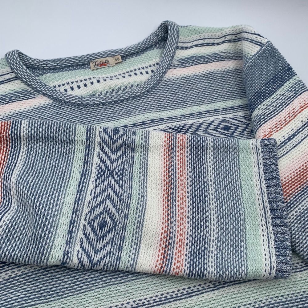 Faherty Mesa Sweater Small Sierra Paradise Blue Striped Linen Blend Boho Womens